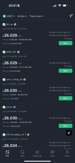 A screenshot of a cryptocurrency P2P trading app showing USDT listings priced around 26,029-26,034 with sellers like GD_vip, AONE_24h, UyTin_LuVang_83, Sonmk, and P2P_KhongNgu_24-7 offering 'Mua' (buy) options.