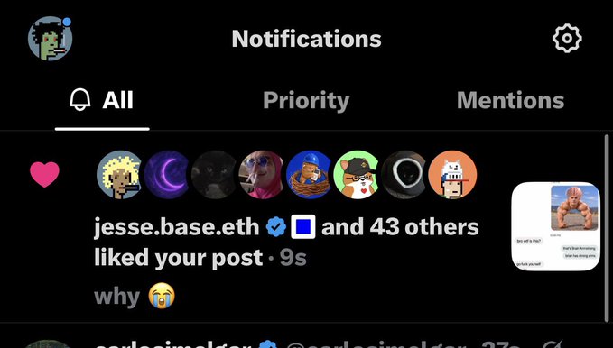 A Twitter/X notifications screen showing 'jesse.base.eth' (verified) and 43 others liked your post with the caption 'why 😭', displayed under the 'All' notifications tab.