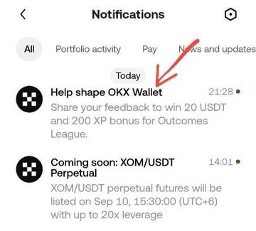 A mobile notifications screen from the OKX app shows a 'Today' section with a red arrow pointing to a message titled 'Help shape OKX Wallet' offering rewards for feedback, followed by a listing announcement for XOM/USDT perpetual futures.