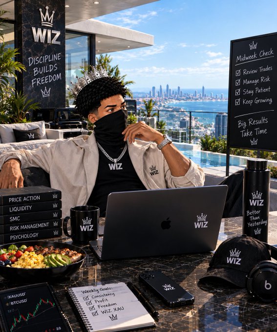 An AI-generated lifestyle image featuring a masked person on a balcony with 'WIZ' branding, displaying merchandise like a 'Discipline Builds Freedom' sign, a 'Midweek Check' checklist, and a laptop with trading-related text including 'PRICE ACTION,' 'LIQUIDITY,' and 'PSYCHOLOGY.'