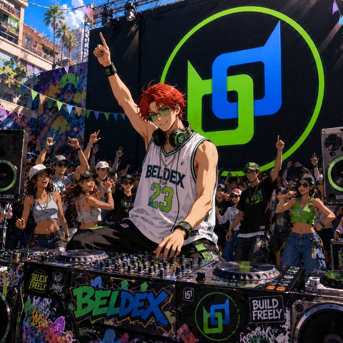 Anime-style DJ with red hair performing at a Beldex festival, wearing a 'BELDEX 23' jersey with green and blue logos.