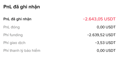 A trading PnL summary in Vietnamese showing a realized loss of -2,643.05 USDT, driven almost entirely by funding fees of -2,639.52 USDT, with negligible trading fees (-3.53 USDT) and no open PnL. This illustrates the post's point about experiencing an unusually high funding fee of nearly 3,000 USDT for the first time.