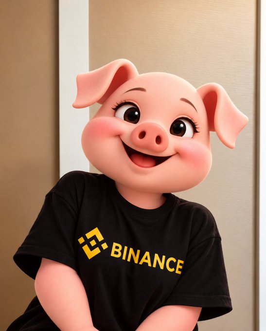 A 3D-rendered, cartoon-style pig character with a wide, open-mouthed smile, wearing a black t-shirt prominently displaying the yellow Binance logo.