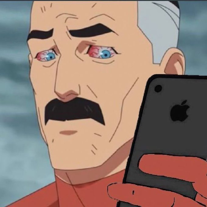 An anime-style illustration of an older man with a mustache, bloodshot eyes, holding an Apple iPhone.