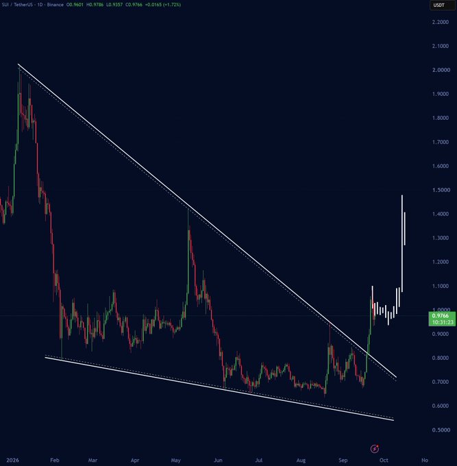 A candlestick chart for the SUI/USDT trading pair on Binance showing a descending channel pattern and a sharp price breakout.