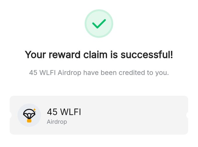 A success confirmation screen displays a green checkmark with the text 'Your reward claim is successful! 45 WLFI Airdrop have been credited to you.'