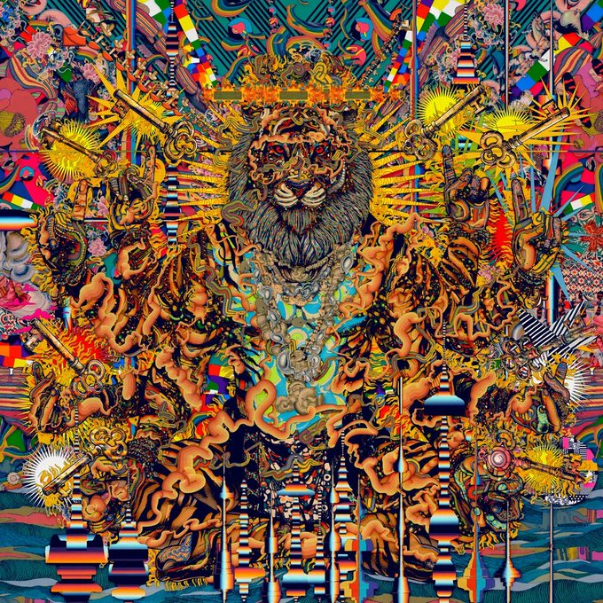 A highly detailed, psychedelic digital artwork of a lion's head adorned with a crown and jewelry, surrounded by flames, pagodas, and intricate ornamental patterns in vivid colors.