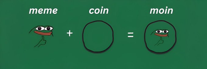 The image illustrates the formula "meme + coin = moin," featuring the Pepe the Frog meme character on the left, an empty oval in the middle, and a merged version inside an oval on the right, visually defining the Solana token ticker $moin.