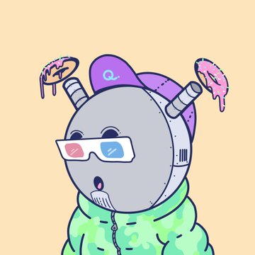 Digital illustration of a robotic character wearing 3D glasses, a purple cap, and a green jacket, with dripping donut-like objects floating around its head.