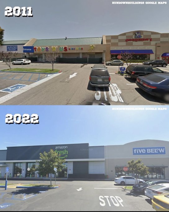 A side-by-side Google Maps comparison shows the transformation of a strip mall from 2011, featuring a Toys "R" Us and a Party City, to 2022, where the Toys "R" Us location has been replaced by Amazon Fresh, illustrating how familiar retail landscapes of the past have vanished.