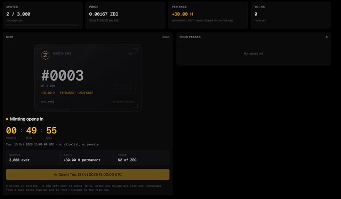 A dark-themed cryptocurrency NFT minting page showing 'ZENCEZ PASS #0003' with a countdown timer of 00:49:55 until opening, priced at 0.00167 ZEC.