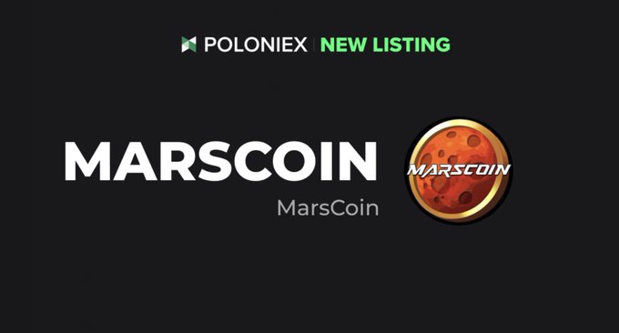 A Poloniex promotional graphic announcing a new listing for MarsCoin ($MARSCOIN), featuring the Poloniex logo at the top, "NEW LISTING" in green text, and a red planet-themed MarsCoin logo on a black background, corresponding to the announcement of deposits opening on August 17 at 08:00 UTC with full trading starting at 10:00 UTC.