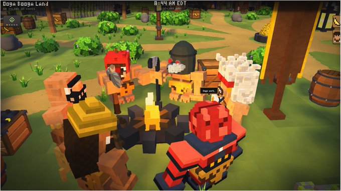 A voxel-style video game screenshot labeled 'Ooga Booga Land' showing blocky characters gathered around a campfire, including figures resembling a person in a straw hat, a chicken, a sheep, and an entity with a watermelon for a head, set in a village environment with the time displayed as 8:44 AM EDT.