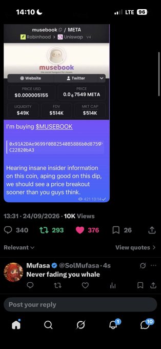A Twitter/X post about buying '$MUSEBOOK' on the META network, with a contract address displayed and a post from 'Mufasa @SolMufasa' commenting 'Never fading you whale'.