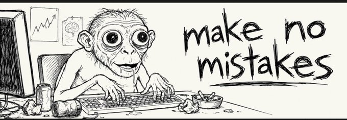 Black-and-white cartoon illustration of a wide-eyed monkey typing on a keyboard next to crumpled cans, with handwritten-style text reading 'make no mistakes'.