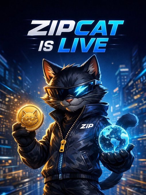 Promotional graphic reading 'ZIPCAT IS LIVE' featuring a stylized cyberpunk cat wearing sunglasses and a leather jacket, holding a ZipCat coin and a glowing globe.