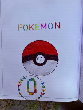 A hand-drawn colored illustration in a notebook featuring the word 'POKEMON' in rainbow letters above a red and white Pokéball, with a decorative wreath surrounding a rainbow-striped letter 'D' below.