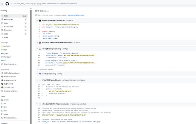 The image shows GitHub search results for the query `/[A-Z0-9_]*API_KEY\s*=\s*["'][^"']{20,}["']/ NOT path:example NOT path:test NOT path:docs`, displaying 20.46k files (86 ms). The search results reveal numerous repositories with exposed API keys, including "HomeAssistant/reveal-new-config.js" (showing API keys for "accent-language", "auth-sep", and "en-sep"), "HiTo/ESAdmin-Director" (containing an "APPLICATION_KEY" for Fireshield), and "mfactory/forti-python-bmc/elastic", all containing hardcoded API keys.