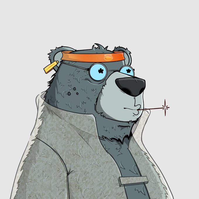 An illustration of a serious gray bear wearing a gray coat, an orange headband, and round glasses with clover-shaped pupils, while smoking a cigarette.