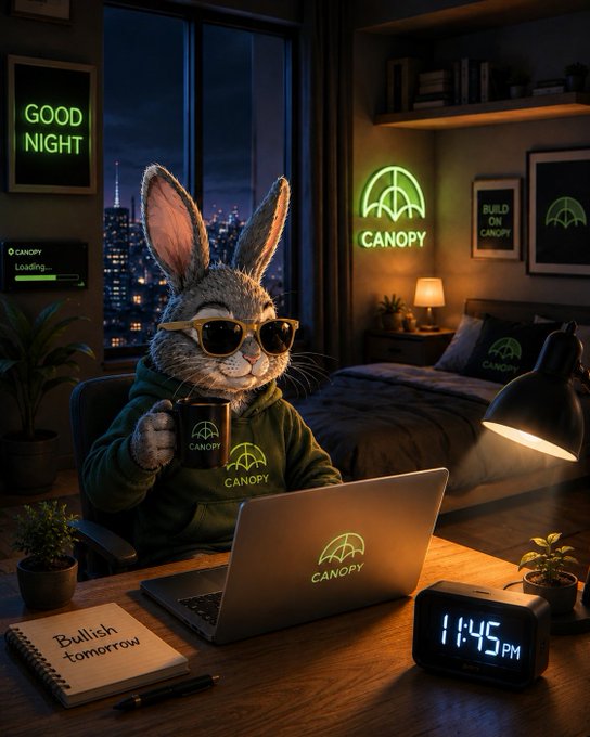 An anthropomorphic rabbit wearing sunglasses and a green Canopy-branded hoodie sits at a desk with a Canopy laptop and mug, in a room featuring neon "GOOD NIGHT" and "CANOPY" signs, with a notebook labeled "Bullish tomorrow."