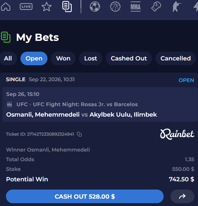 A sports betting app screen titled 'My Bets' shows an 'Open' tab with a single UFC Fight Night bet on Osmanli, Mehemmedeli vs Akylbek Uulu, Ilimbek, detailing a $550.00 stake and a potential win of $742.50 with a 'CASH OUT 528.00' option.