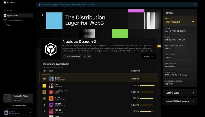 A screenshot of the Nucleus platform's 'Contribution Leaderboard' for Season 3, showing 'The Distribution Layer for Web3' and ranking top contributors like 'Jimmy' at #350.
