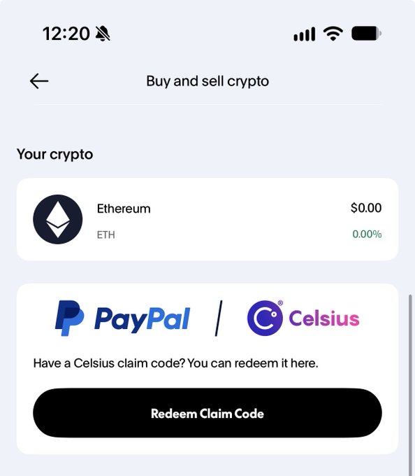 A screenshot of a 'Buy and sell crypto' page showing an Ethereum (ETH) balance of $0.00, alongside a PayPal/Celsius section to redeem a claim code.