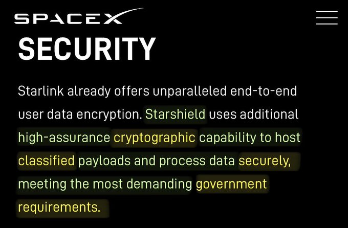 The image displays a website that has information about Spacex Security and their data networks, specifically concerning high-assurance cryptographic capability. The website is filled with text including technical terms such as "Cryptographic", "High-Assurance Cryptographic Capability to Host classified payloads and process securely, meeting the most demanding governments." It also provides a list of requirements for users in need of secure data encryption. The post's content discusses NASA's use of the cryptographic capabilities of the data network from Spacex.