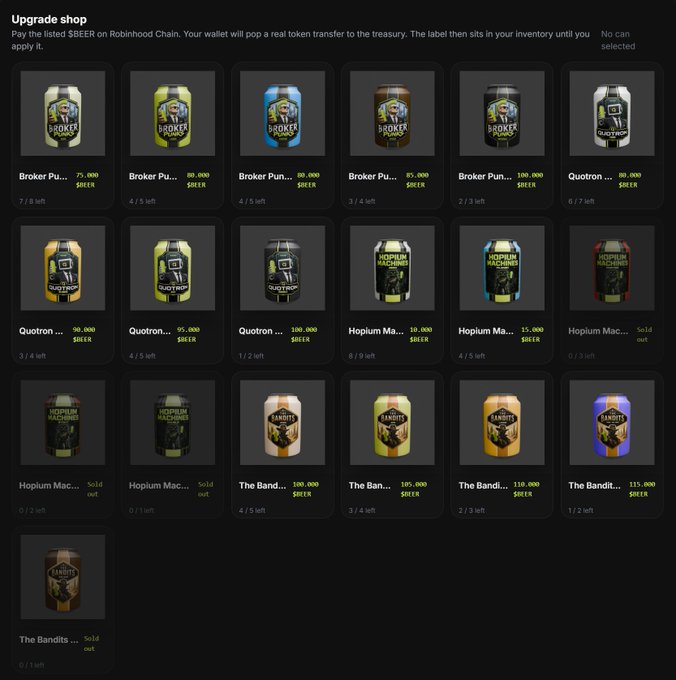 The image shows an "Upgrade shop" interface displaying various $BEER NFTs from Beer On Robinhood available for upgrade purchases, including "Broker Punks," "Quotrons," "Hopium Machines," and "The Bandits," priced in $BEER tokens ranging from 75,000 to 115,000, with several items marked "Sold out." This visually supports the post's announcement that the NFT upgrades have already sold out, with the website featuring the 3D upgrade options mentioned.