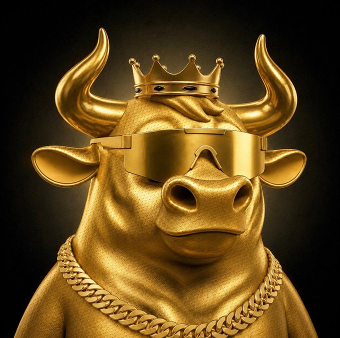 A golden bull statue wearing a crown, oversized sunglasses, and a thick gold chain exudes luxury and market dominance, perfectly capturing the "Gold King" raffle theme where bulls are in control.