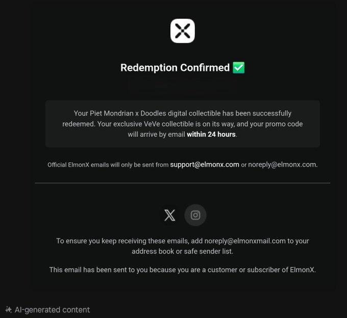 In the image, there are two posts - one of which says "Redemption Confirmed" and the other one has a link to a post about a digital collectible. The post that talks about the digital collectible is called "@veve_official Piet Mondrian @Doodles digital collectible is now live! If you've redeemed yours, keep an eye on your inbox for your promo code and get ready to add this exclusive piece to your VeVe collection." This post is related to the digital collectible as it explains that users who have successfully redeemed their account can add it to a special collection or use it for a promotional offer. The email address shared in the image is "@AlGenRatedContent". It seems like there's an ongoing discussion or interaction around this collectible, and people are sharing details about the redemption process on Twitter using the mentioned hashtag.