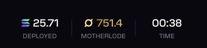 A minimalist black dashboard displaying three metrics: '25.71 DEPLOYED' (with a teal/purple logo), '751.4 MOTHERLODE' (with a gold symbol), and '00:38 TIME' countdown.