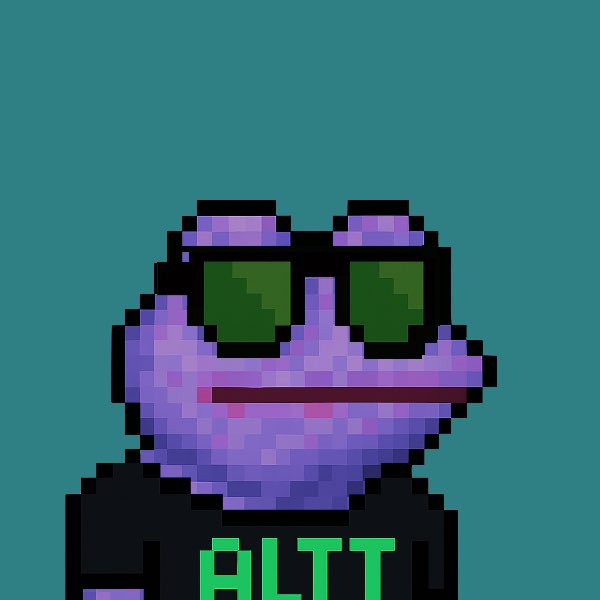 Pixel art of a purple character with green sunglasses and pink lipstick, wearing a black shirt with 'BLTT' written in green text on a teal background.