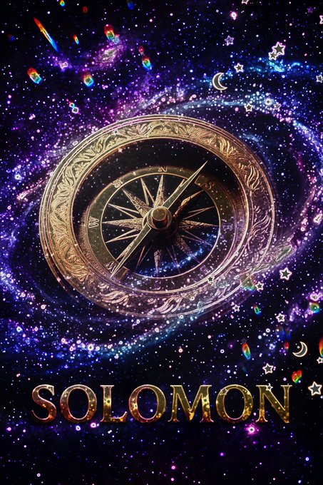 A mystical illustration of a golden compass floating in a cosmic, starry galaxy background with the word 'SOLOMON' displayed at the bottom.