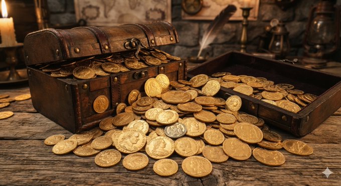 An AI-created image of two wooden treasure chests overflowing with gold coins on a wooden surface, with a small sparkle icon in the bottom right.