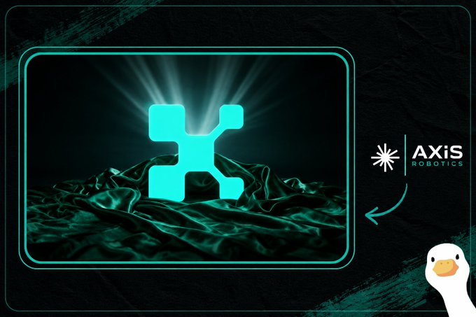 A promotional graphic for 'AXIS ROBOTICS' featuring a glowing teal 'X' logo on a dark silk background with light rays, accompanied by a duck illustration in the corner.