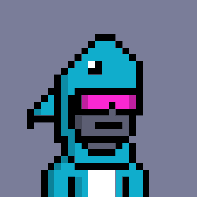 A pixel art illustration of a teal, alien-like or robotic character with a pointed head, one visible eye, and pink and grey mouth/teeth details, set against a solid grey background.
