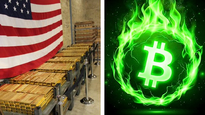 A side-by-side image showing stacks of gold bars in front of an American flag on the left, and a glowing green Bitcoin symbol surrounded by flames on the right.