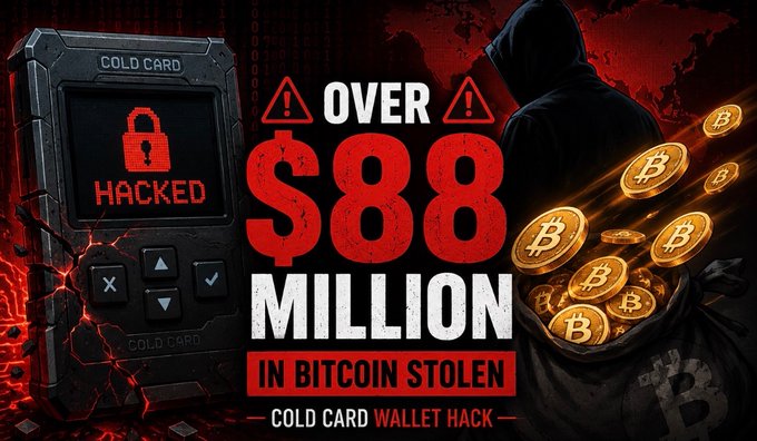 The image is a dramatic graphic showing a "HACKED" notification on a Cold Card hardware wallet next to a shadowy figure and a bag overflowing with Bitcoin coins, with bold text reading "OVER $88 MILLION IN BITCOIN STOLEN — COLD CARD WALLET HACK," visually illustrating the massive cryptocurrency theft referenced in the accompanying post.