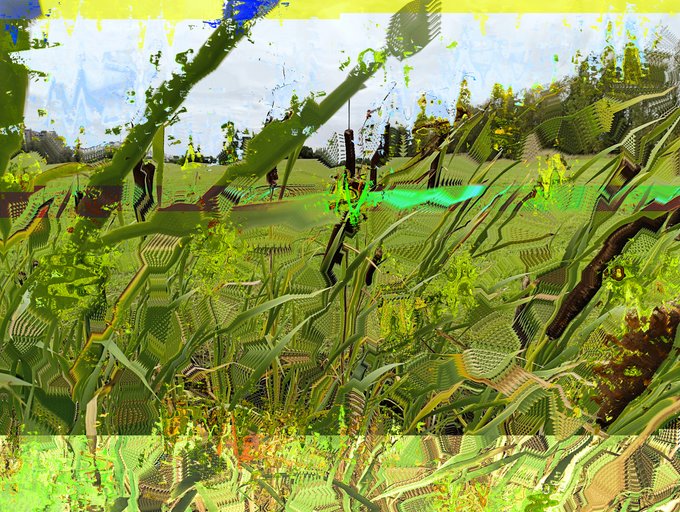 A heavily glitched and pixelated image of green foliage with distorted textures and color artifacts.