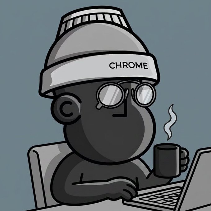 A grayscale cartoon illustration of a Chrome mascot character wearing a beanie labeled 'CHROME' and round sunglasses, sipping coffee while working on a laptop.