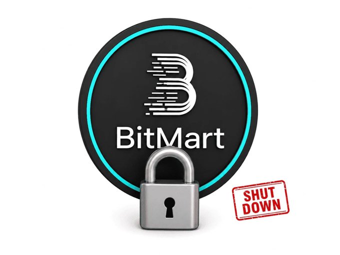 The image shows the BitMart cryptocurrency exchange logo enclosed within a teal circle, with a silver padlock in front of it and a red "SHUT DOWN" stamp to the right, symbolizing the exchange's recent shutdown or withdrawal restrictions.

The visual reinforces the post's warning about emerging vulnerabilities in smaller crypto exchanges, using the padlock and "SHUT DOWN" stamp to illustrate how BitMart is the latest Tier-2/Tier-3 platform to face operational issues, echoing the previous week's BitMEX concerns as liquidity pressures expose weak points in the market.