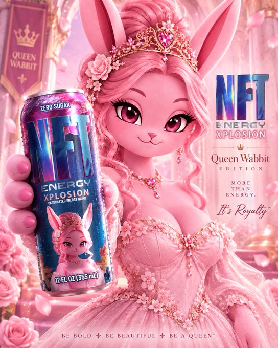 An advertisement features an anthropomorphic pink rabbit wearing a tiara and gown, holding a can of 'NFT ENERGY XPLOSION' in a 'Queen Wabbit' edition with the tagline 'It's Royally.'