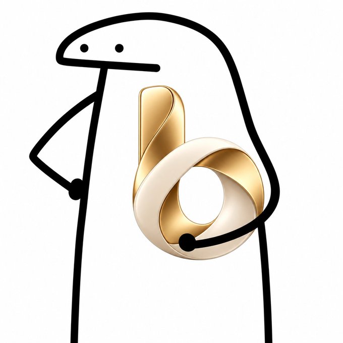 A minimalist line drawing of a stick figure looking at an abstract gold and white ring sculpture.