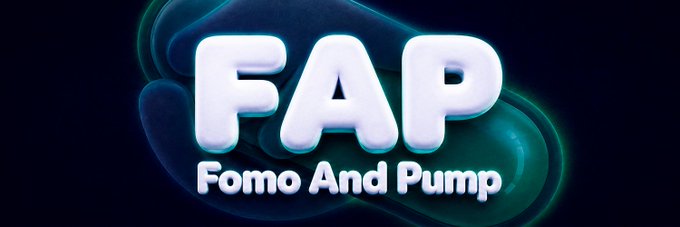A digital graphic featuring the bold, stylized text "FAP - Fomo And Pump" in white against a dark background with teal and blue fluid-like accents. The image visually represents the "$FAP" meme coin concept described in the post, symbolizing the excitement of Fomo and Pump culture.