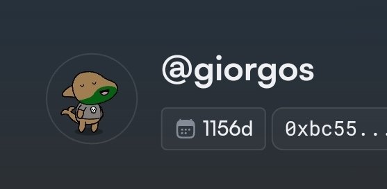 A dark profile interface displaying the username '@giorgos' alongside a cartoon dog avatar wearing a green mask, with '1156d' and '0xbc55...' shown.