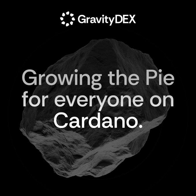 The image is a promotional graphic for GravityDEX featuring its logo at the top and a large, dark asteroid floating against a black background, with the bold text overlay "Growing the Pie for everyone on Cardano." The asteroid imagery visually reinforces the post's message about expanding Cardano's DeFi market, suggesting GravityDEX's role in growing the ecosystem's currently modest $65.3M in deposits into a much larger opportunity for traders and liquidity providers alike.