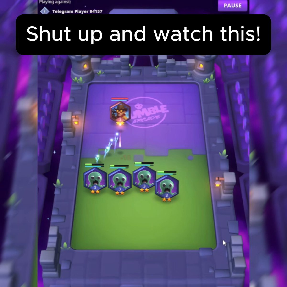 The image shows a video game scene with four cartoon characters, each holding a sword, engaged in combat within a purple castle-like setting. The characters are positioned at various points around the scene, creating an immersive gaming experience. The caption above the image reads "Shut up and watch this!", which could be interpreted as a humorous or playful statement about the game being played.