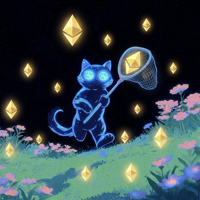 An illustration shows a glowing blue cat with glowing eyes holding a net, catching Ethereum cryptocurrency logos amid floating golden crystals and pink flowers.