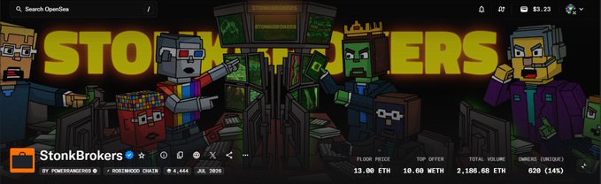 A pixel-art banner for "StonkBrokers" on OpenSea featuring voxel-style characters trading cryptocurrency, with text showing "FLOOR PRICE 13.00 ETH," "TOP OFFER 10.60 WETH," and "TOTAL VOLUME 2,186.66 ETH."